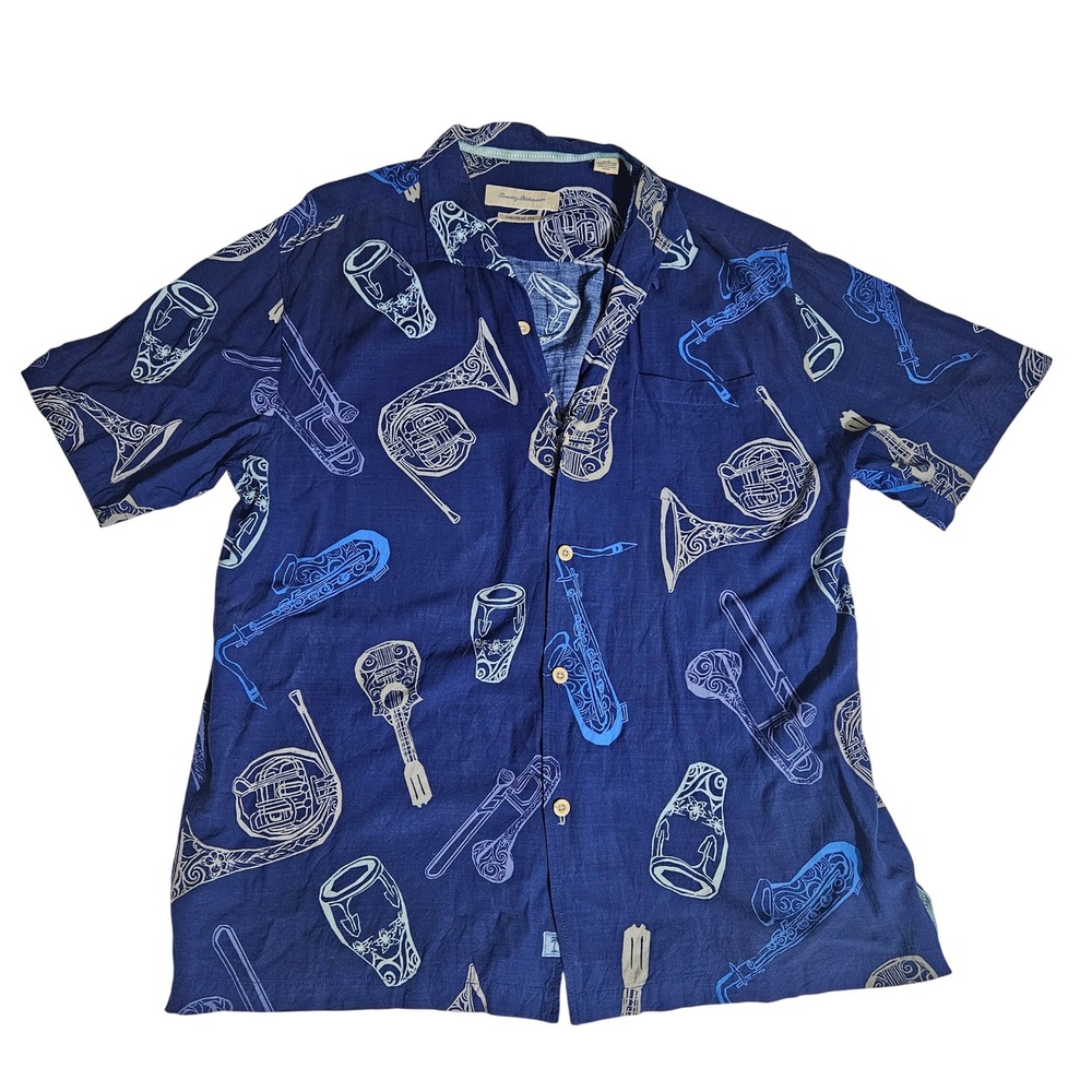 Tommy Bahama Mens Large Blue Rayon Musical Instrument Print Aloha Camp Shirt